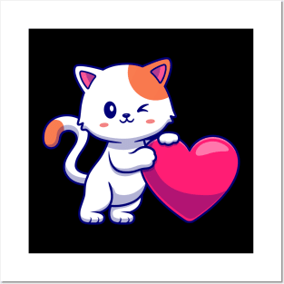 Cute Cat With Love Heart Cartoon Posters and Art